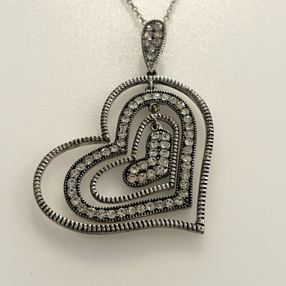 Rhinestone Layered Silver Tone Stacking Hearts Pendant Necklace - Picture 1 of 16